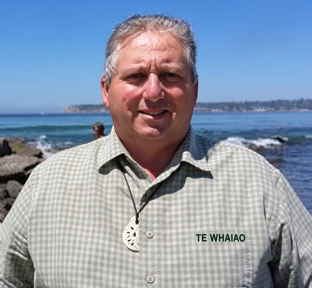 Dr Syd Davies standing by the sea in his Te Whaiao shirt